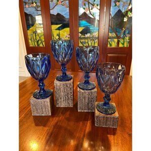 Diamond Pattern Vintage Style Blue Water Glasses.